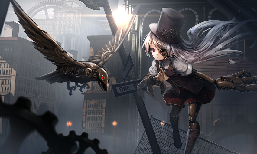 ascot bangs boots building chain-link_fence collared_shirt commentary expressionless fence gears hat highres lamppost lens_flare long_hair mechanical_arms mechanical_bird mechanical_eye mechanical_hand mechanical_legs original outdoors red_eyes road_sign ryosios shirt sign silver_hair steampunk steampunk_girl_(ryosios) swept_bangs top_hat