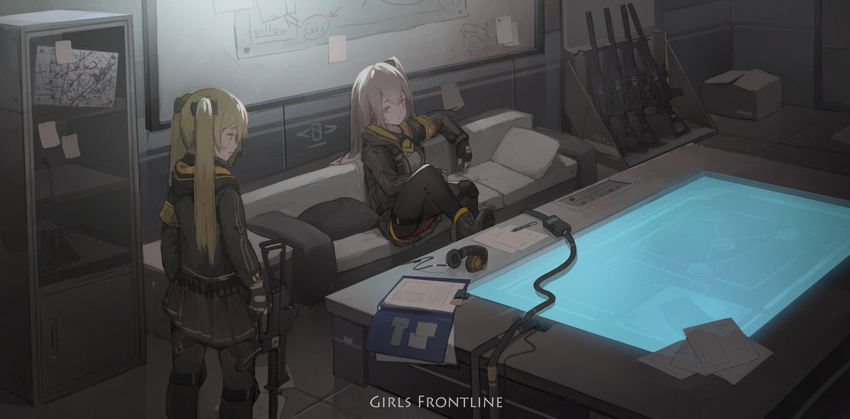 black_legwear brown_hair cabinet cable commentary_request copyright_name couch diagram girls_frontline gun headphones heibaise_jiangshi highres holding holding_gun holding_weapon indoors jacket leg_up multiple_girls one_side_up pantyhose papers pillow resting scar scar_across_eye siblings sisters sitting skirt standing submachine_gun table twintails ump45_(girls_frontline) ump9_(girls_frontline) weapon weapon_against_wall whiteboard