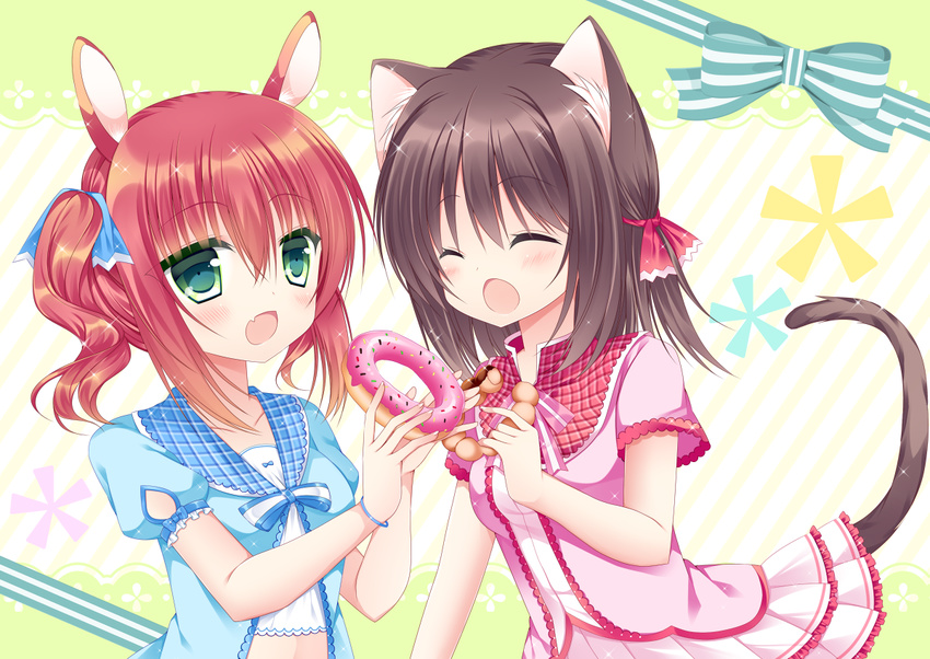 :o animal_ears bangs blue_ribbon blue_shirt blush breasts brown_hair bunny_ears cat_ears cat_girl cat_tail closed_eyes collarbone commentary_request diagonal-striped_background diagonal_stripes doughnut eyebrows_visible_through_hair fang food frilled_skirt frilled_sleeves frills green_eyes hair_between_eyes hair_ribbon holding holding_food lace_border long_hair looking_at_another looking_at_viewer multiple_girls open_mouth original pink_shirt pink_skirt plaid_collar pon_de_ring puffy_short_sleeves puffy_sleeves red_hair red_ribbon ribbon shikito shirt short_sleeves sidelocks skirt small_breasts striped striped_background striped_ribbon tail twintails upper_body