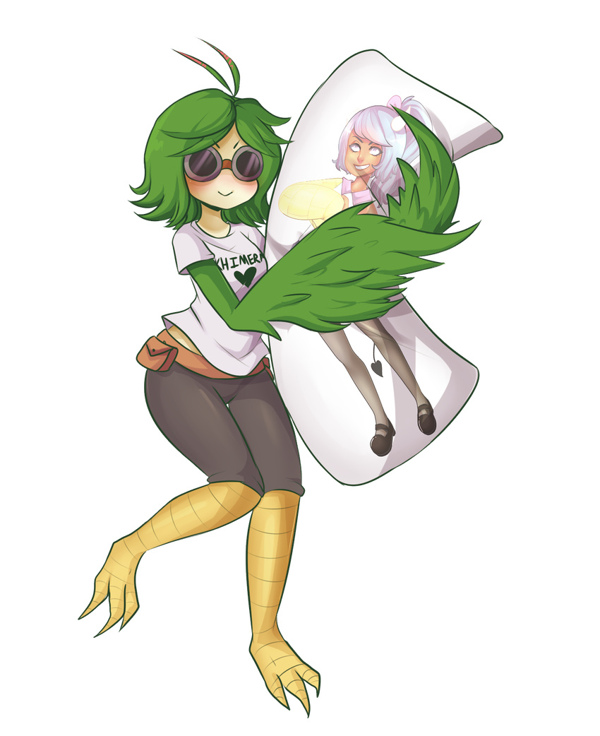 amelia_(khimera) bird_wings body_pillow breasts buttingston chelshia chimera feathered_wings feathers goggles green_hair harpy highres hips hug implied_yuri khimera_destroy_all_monster_girls looking_at_viewer medium_breasts monster monster_girl object_hug short_hair short_sleeves solo thick_thighs thighs wings