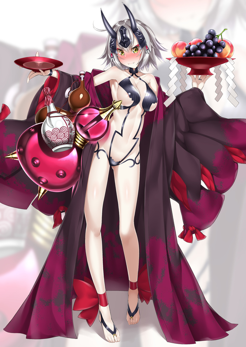 3: absurdres alcohol alternate_color ankle_ribbon areola_slip areolae armpit_peek ass_visible_through_thighs bangs bare_shoulders blurry blurry_background blush breasts brown_kimono cleavage closed_mouth collarbone commentary_request cosplay covered_nipples cup eyebrows_visible_through_hair eyeshadow fake_horns fang_out fangs fate/apocrypha fate/grand_order fate_(series) food fruit full_body gourd grapes groin hair_between_eyes halterneck headpiece highres holding holding_plate horns japanese_clothes jeanne_d'arc_(alter)_(fate) jeanne_d'arc_(fate)_(all) jewelry kimono large_breasts long_sleeves looking_at_viewer makeup navel nose_blush oni_horns open_clothes open_kimono pale_skin peach plate print_kimono red_ribbon revealing_clothes ribbon ring sakazuki sake shide shiny shiny_hair shiny_skin short_hair shuten_douji_(fate/grand_order) shuten_douji_(fate/grand_order)_(cosplay) silver_hair solo spikes standing tsurime watosu wide_sleeves yellow_eyes zoom_layer