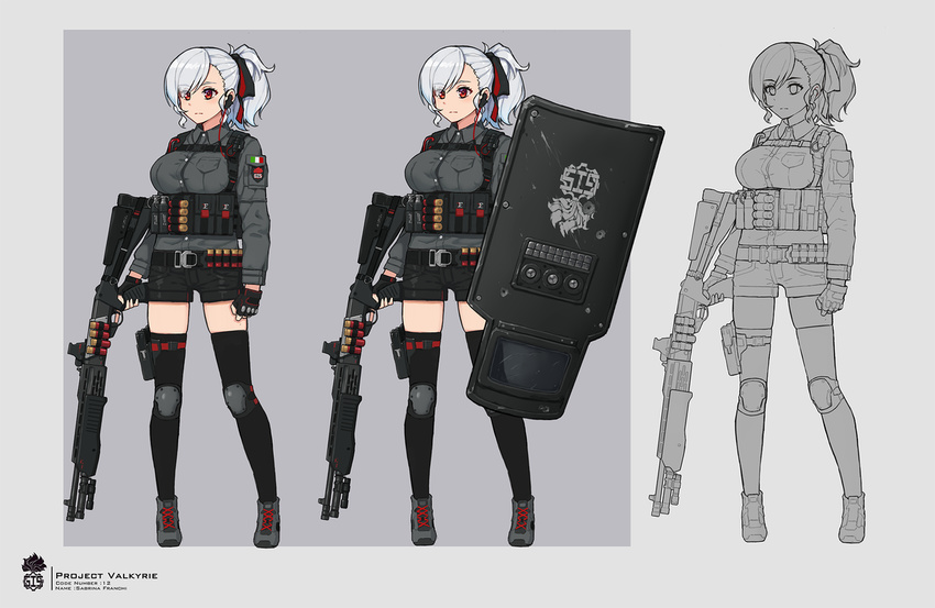 ammunition belt breasts earpiece fingerless_gloves girls_frontline gloves gun image_sample italian_flag knee_pads large_breasts shield shorts shotgun shotgun_shells spas-12 spas-12_(girls_frontline) terras thighhighs twitter_sample weapon white_hair zettai_ryouiki