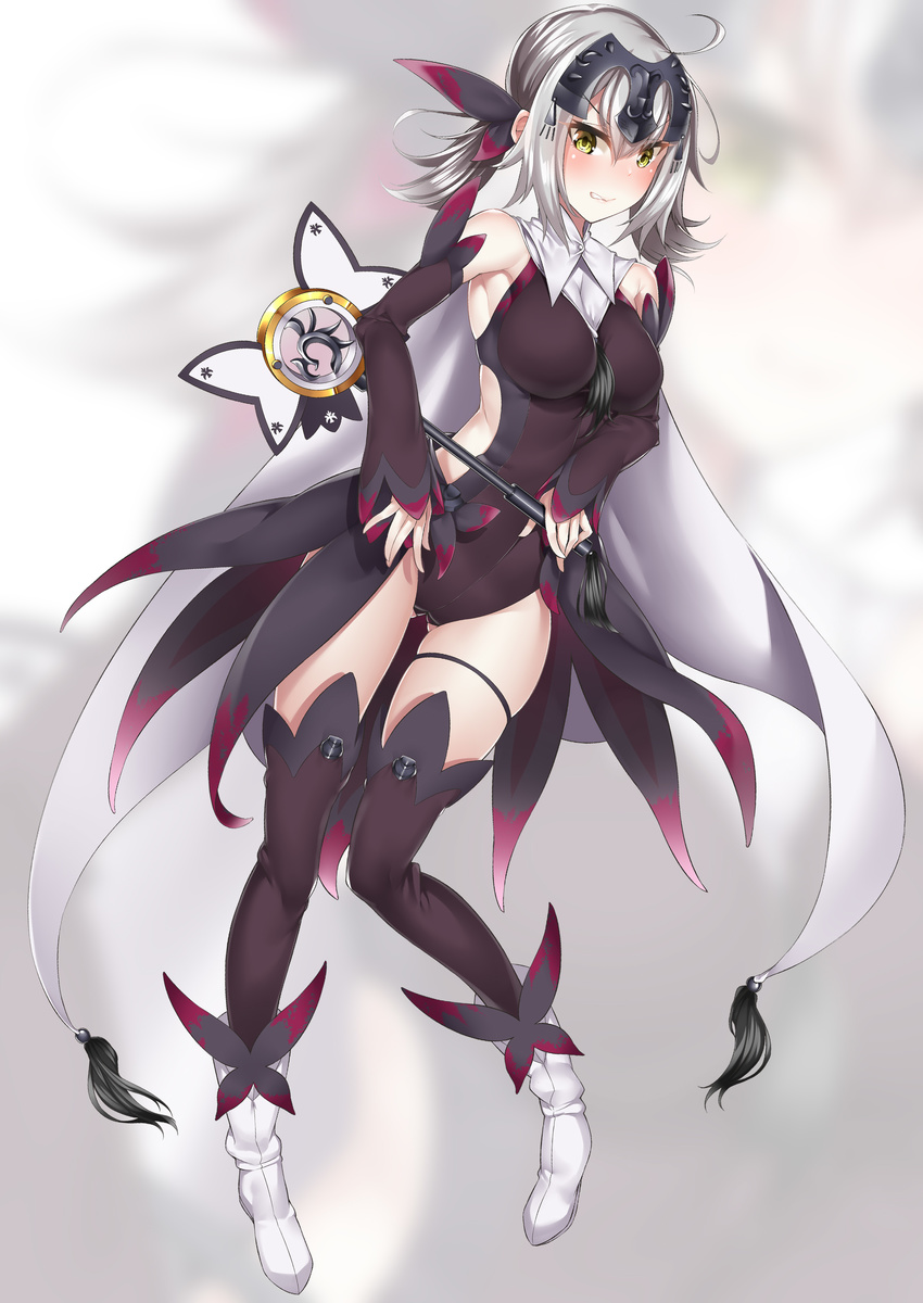 absurdres ahoge alternate_color alternate_hairstyle armpit_peek ass_visible_through_thighs bangs bare_shoulders between_breasts black_ribbon blurry blurry_background blush boots breasts brown_dress brown_legwear clenched_teeth commentary_request cosplay detached_sleeves dress embarrassed eyebrows_visible_through_hair fate/grand_order fate/kaleid_liner_prisma_illya fate_(series) full_body grey_cape hair_between_eyes hair_ribbon headpiece highres holding holding_wand jeanne_d'arc_(alter)_(fate) jeanne_d'arc_(fate)_(all) large_breasts looking_at_viewer magical_girl magical_sapphire miyu_edelfelt miyu_edelfelt_(cosplay) ribbon short_hair sidelocks silver_hair skindentation solo standing tassel teeth thigh_strap thighhighs twintails wand watosu white_footwear yellow_eyes zoom_layer