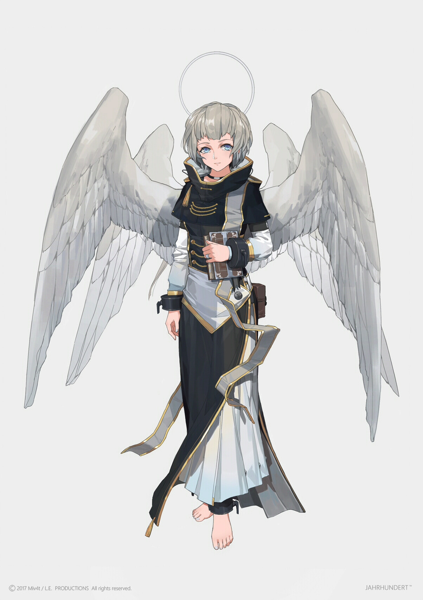 angel arm_at_side bad_revision bangs barefoot belt_pouch blue_eyes blue_nails book choker cuffs downscaled_revision feathered_wings full_body grey_background halo highres holding holding_book jewelry layered_clothing layered_sleeves long_sleeves looking_at_viewer md5_mismatch mivit multiple_wings nail_polish original parted_lips pouch ring robe seraph shackles short_hair silver_hair simple_background solo standing tassel toenail_polish white_wings wings