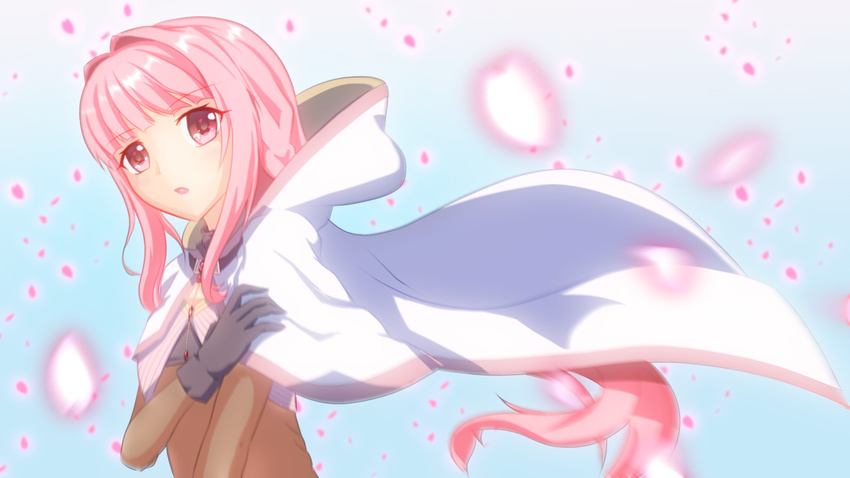 black_gloves cloak gloves hood hooded_cloak looking_at_viewer magia_record:_mahou_shoujo_madoka_magica_gaiden magical_girl mahou_shoujo_madoka_magica open_mouth pink_eyes pink_hair solo swift tamaki_iroha white_background