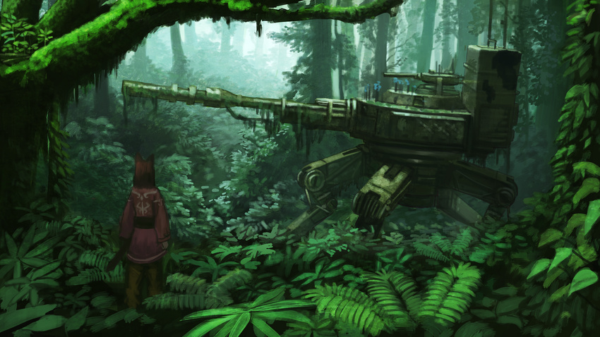 animal_ears brown_pants bush cannon commentary_request day forest from_behind grass ground_vehicle highres jacket long_sleeves mecha medium_hair military military_vehicle moss motor_vehicle nature original outdoors pants pink_jacket plant ruins sash scenery sheath sheathed solo standing sword tank walker wasabi60 weapon