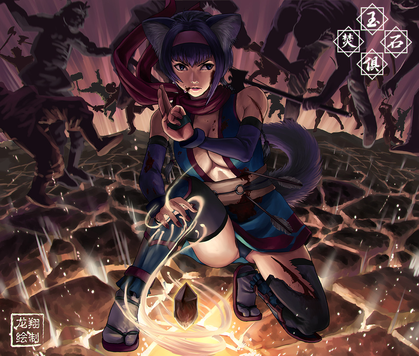 animal_ears arrow arrow_in_body aura battle blood breasts cat_ears cat_tail catamancer cleavage commentary cuts detached_sleeves explosion greaves ground_shatter hairband highres injury large_breasts making_of ninja no_bra one_knee panties pantyshot pantyshot_(one_knee) pose purple_eyes purple_hair ryu_shou sandals scarf short_hair solo_focus tabi tail underwear
