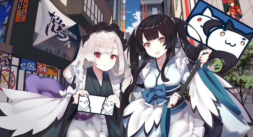 :d albino animal_print apron bangs black_hair black_kimono blue_kimono blush breasts brown_eyes c: cat_print closed_mouth commentary_request copyright_request day eyebrows_visible_through_hair frilled_apron frills hands_up highres holding holding_sign japanese_clothes kimono kimono_skirt long_hair looking_at_viewer maid_headdress medium_breasts multiple_girls obi open_mouth outdoors poster_(object) rain_lan red_eyes sash short_kimono sidelocks sign silver_hair smile storefront thick_eyebrows tsurime twintails wa_maid waist_apron wide_sleeves