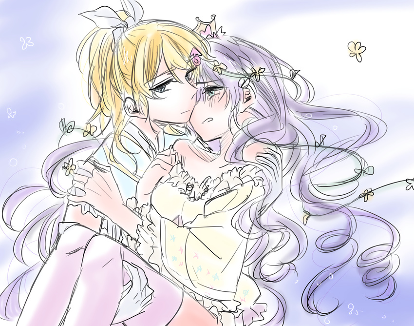 2girls airen ayase_eli blonde_hair blush carry couple embarrassed long_hair looking_at_another love_live! love_live!_school_idol_project multiple_girls ponytail princess_carry purple_hair simple_background sketch tears toujou_nozomi white_background yuri