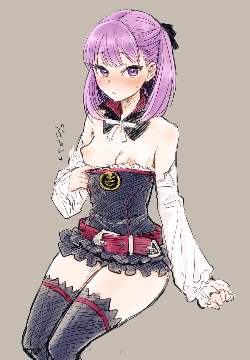 belt blush breasts commentary_request detached_collar detached_sleeves fate/grand_order fate_(series) grey_background helena_blavatsky_(fate/grand_order) highres looking_at_viewer medium_hair mironomeo nipples nose_blush parted_lips purple_eyes purple_hair shirt_pull sketch small_breasts solo thighhighs translated white_sleeves zettai_ryouiki