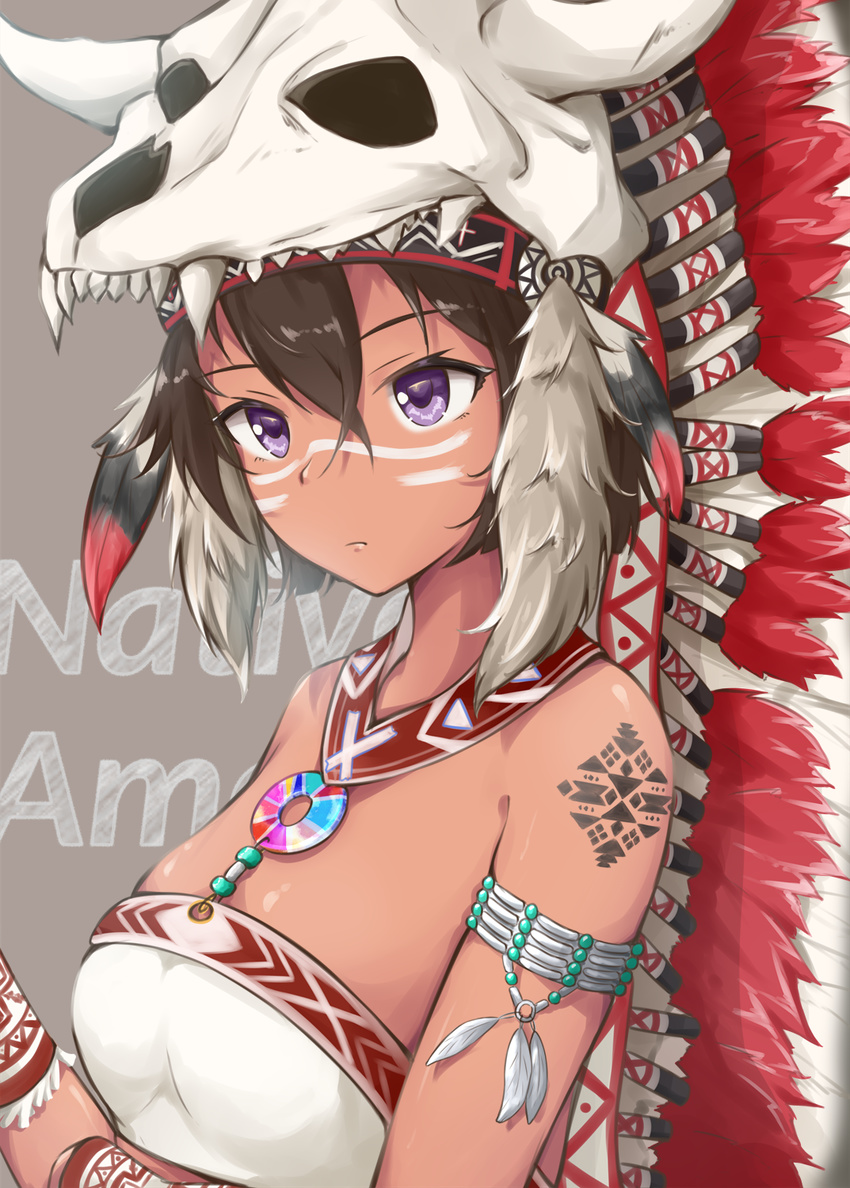 animal_skull arm_tattoo armlet bangs breasts brown_hair dark_skin facepaint feathers grey_background hair_between_eyes headdress highres hoshimiya_mashiro jewelry looking_at_viewer medium_breasts native_american native_american_headdress necklace original purple_eyes short_hair simple_background skull skull_helmet sleeveless solo tattoo upper_body wristband