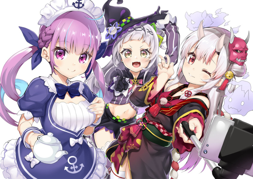 3girls :d anchor_symbol arm_up bare_shoulders black_gloves black_hat black_kimono black_skirt blue_dress blue_hair blue_ribbon blush braid breasts brown_eyes cellphone commentary_request dress ekakibito fangs fingernails foreshortening frilled_dress frills gloves groin hair_ribbon hat holding holding_teapot hololive horns japanese_clothes kimono long_hair long_sleeves mask mask_on_head medium_breasts midriff minato_aqua multicolored_hair multiple_girls murasaki_shion nakiri_ayame navel one_eye_closed oni_mask open_mouth outstretched_arm parted_lips phone pink_hair pointing pointing_at_viewer purple_eyes ribbon self_shot selfie_stick short_kimono silver_hair simple_background skirt sleeves_past_wrists smile streaked_hair striped teapot thighhighs tilted_headwear twintails v vertical_stripes very_long_hair virtual_youtuber white_background white_legwear witch_hat