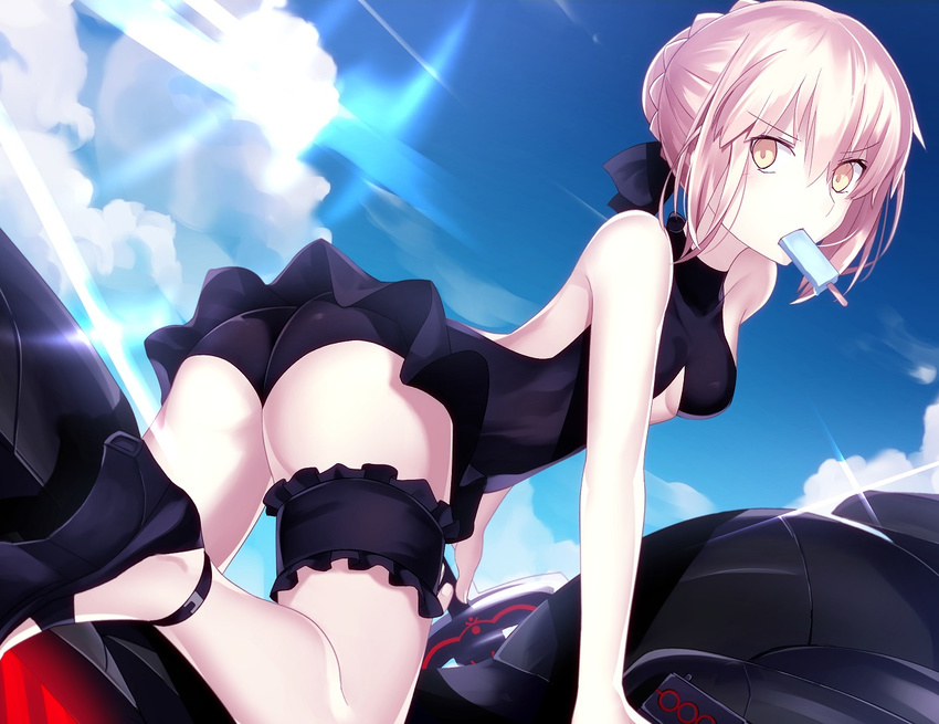 artoria_pendragon_(all) artoria_pendragon_(swimsuit_rider_alter) ass bare_shoulders black_swimsuit blonde_hair blue_sky braid breasts cloud commentary_request dark_excalibur day diffraction_spikes dutch_angle eyebrows_visible_through_hair fate/grand_order fate/stay_night fate_(series) food food_in_mouth french_braid frills from_behind ground_vehicle hair_bun hair_ribbon high_heels looking_at_viewer looking_back medium_breasts minamina motor_vehicle motorcycle mouth_hold one-piece_swimsuit outdoors pale_skin popsicle ribbon riding short_hair sky solo swimsuit sword thigh_strap weapon yellow_eyes