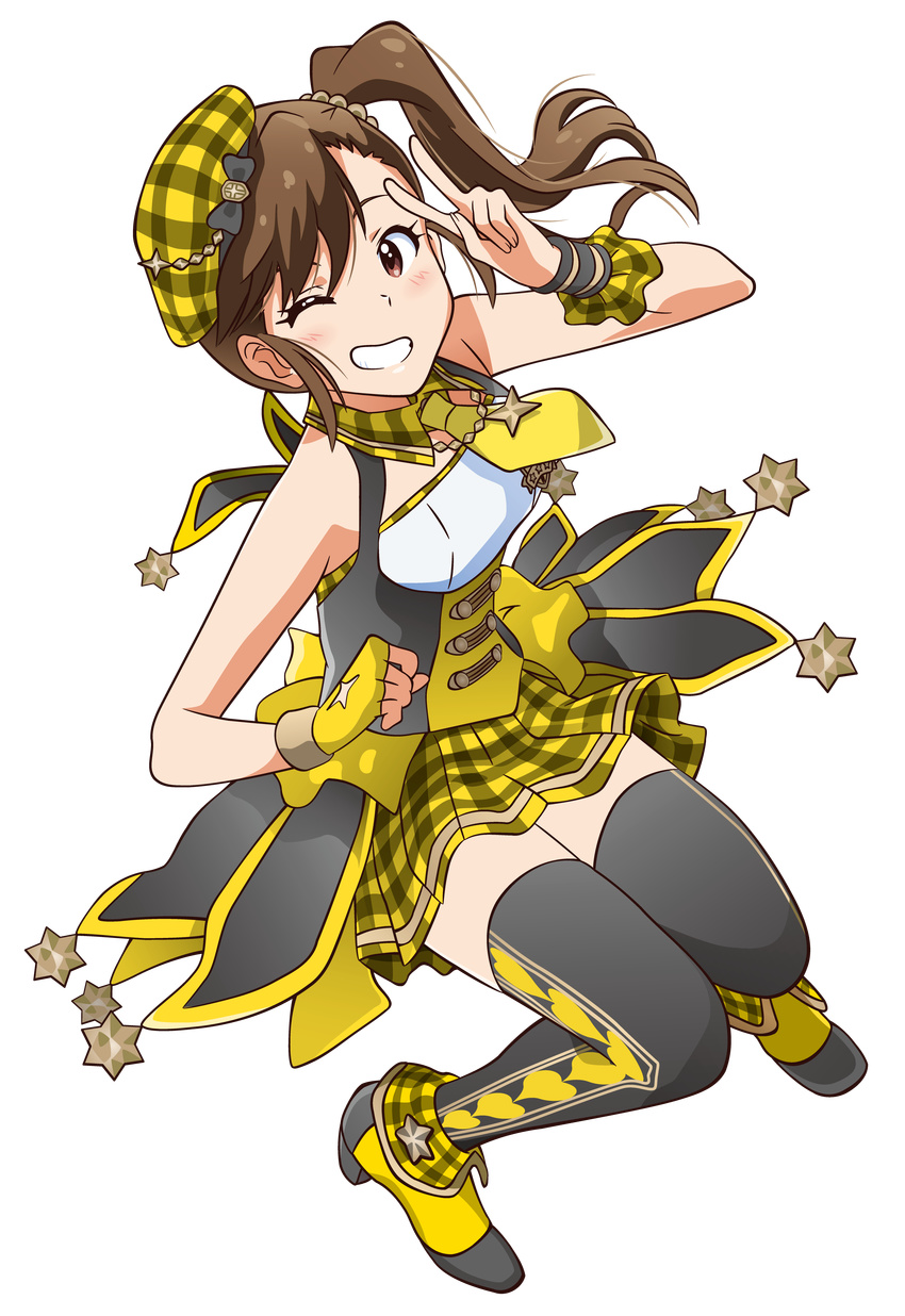 ;d absurdres akizuki_ritchan asymmetrical_gloves beret black_legwear bow brown_eyes fingerless_gloves full_body futami_mami gloves grin hair_ornament hat highres idolmaster idolmaster_(classic) idolmaster_platinum_stars looking_at_viewer miniskirt one_eye_closed open_mouth plaid_hat pleated_skirt side_ponytail single_glove skirt smile solo star thighhighs transparent_background v wrist_cuffs yellow_bow yellow_gloves yellow_skirt zettai_ryouiki