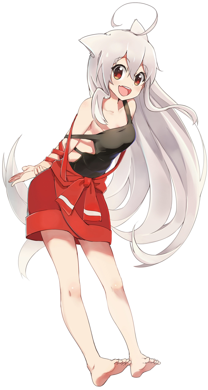 :d absurdres ahoge animal_ears arms_behind_back backless_outfit bangs bare_legs barefoot black_shirt breasts chiya_(urara_meirochou) cleavage collarbone dog_ears dog_tail eyebrows_visible_through_hair full_body hair_between_eyes highres kemonomimi_mode leaning_forward long_hair looking_at_viewer medium_breasts open_mouth red_eyes red_skirt shirt silver_hair simple_background skirt sleeveless sleeveless_shirt smile solo strap_slip tail toes urara_meirochou very_long_hair white_background xiaoyu