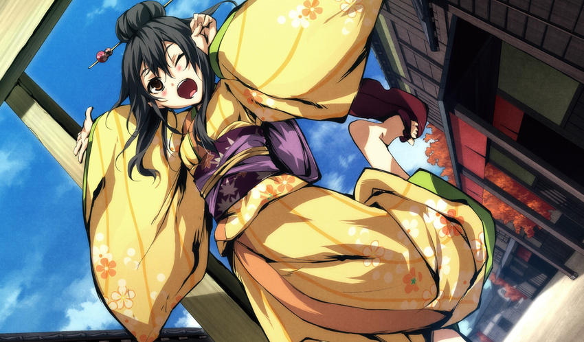 1girl bangs black_hair blush breasts brown_eyes clouds feet g_yuusuke game_cg hair_bun hair_ornament hair_stick happy highres japanese_clothes kajiri_kamui_kagura koga_rindou leg_up legs looking_at_viewer obi one_eye_closed open_mouth original outdoors outstretched_arms sandals sky small_breasts smile solo standing thighs toes trees wide_sleeves wink