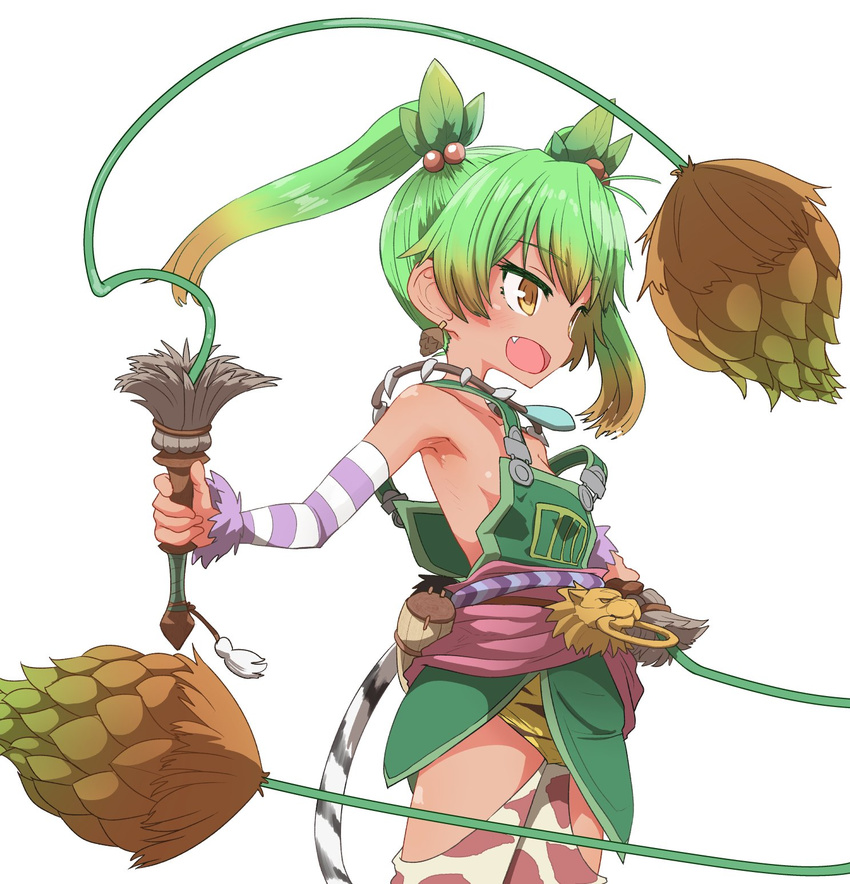 :d armpits bare_shoulders breasts brown_eyes brown_hair commentary_request cowboy_shot detached_sleeves dual_wielding earrings fang from_side gradient_hair green_hair highres holding holding_weapon holding_whip jewelry multicolored_hair necklace no_bra open_mouth overalls ricotta_(ys) simple_background small_breasts smile solo standing striped_sleeves striped_tail sumiyao_(amam) tail tooth_necklace weapon whip white_background ys ys_viii_lacrimosa_of_dana