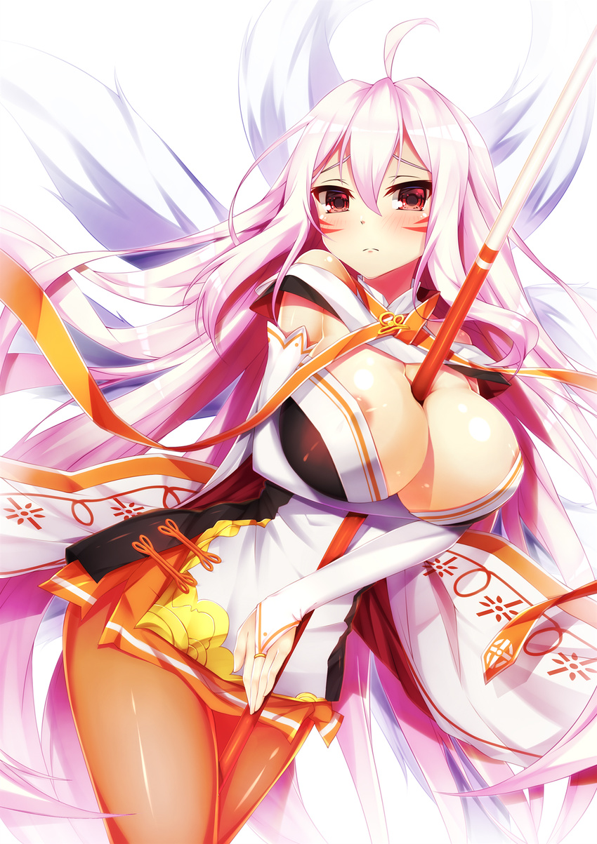 ahoge ara_han ara_han_(celestial_fox) areola_slip areolae between_breasts black_legwear blush breast_hold breasts bridal_gauntlets chinese_clothes cleavage commentary_request cowboy_shot detached_collar dress dutch_angle elbow_gauntlets elsword eun_(elsword) facial_mark fox highres jewelry large_breasts long_hair looking_at_viewer pantyhose pink_hair polearm red_eyes ring sakra_devanam_(elsword) shiny short_dress side_slit solo spear strapless thighs weapon yuxian_youka