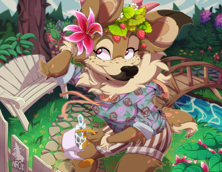 anthro brown_fur cervine flower food fruit fur garden grass invalid_tag looking_away mammal mushroom pink_eyes plant rosslyng_(character) strawberry water xnirox
