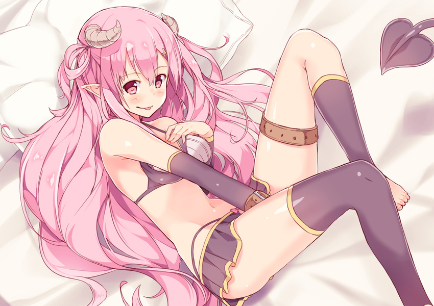 :p absurdres arm_warmers bed bikini_top black_legwear breasts cleavage commentary_request demon_girl demon_tail highleg highleg_panties highres horns kneehighs long_hair looking_at_viewer lying maechuu medium_breasts miniskirt mismatched_legwear on_side original panties pillow pink_eyes pink_hair pointy_ears revision single_kneehigh single_thighhigh skirt smile succubus tail thigh_strap thighhighs tongue tongue_out underwear