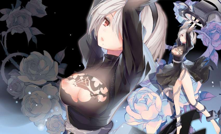 arms_up barefoot black_dress black_hairband breasts cleavage_cutout commentary_request dress feather-trimmed_sleeves flower gekka_nanako hairband highleg highleg_leotard juliet_sleeves leotard long_sleeves looking_at_viewer medium_breasts mole mole_under_mouth nier_(series) nier_automata nipples no_blindfold parted_lips puffy_sleeves red_eyes rose short_hair solo white_leotard yorha_no._2_type_b zoom_layer
