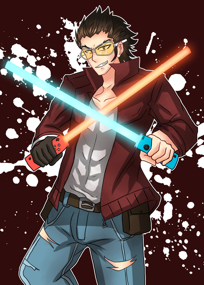 black_hair denim dual_wielding energy_sword eyewear_on_head gloves highres holding holding_weapon jacket looking_at_viewer male_focus nintendo_switch no_more_heroes solo sunglasses sword travis_touchdown weapon