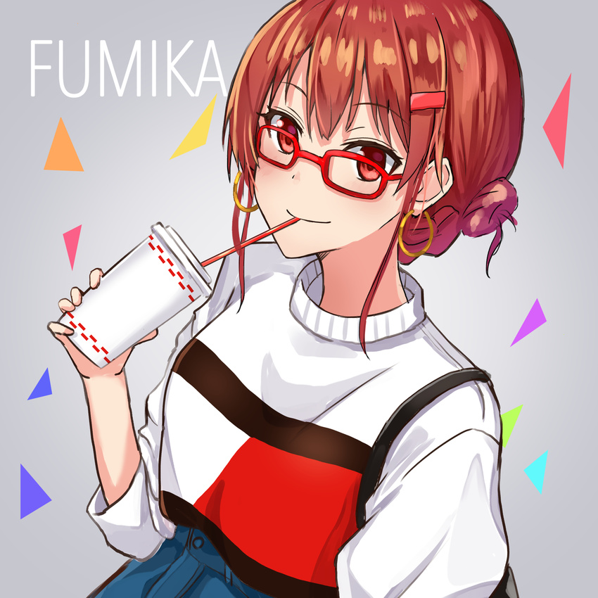 character_name drinking earrings glasses highres jewelry looking_at_viewer okutomi_fumi original red-framed_eyewear red_eyes red_hair shirt short_hair solo white_shirt