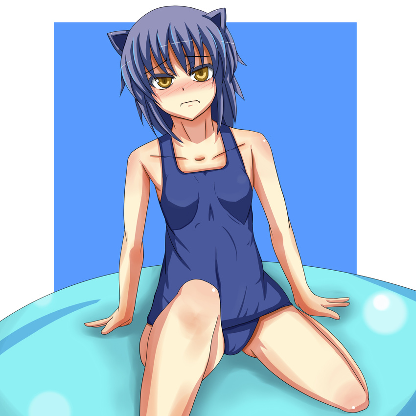 1girl :( absurdres animal_ears aq_interactive arcana_heart artist_request black_hair blush breasts collarbone daidouji_kira examu frown looking_at_viewer school_swimsuit short_hair shoulders sitting slime small_breasts yellow_eyes