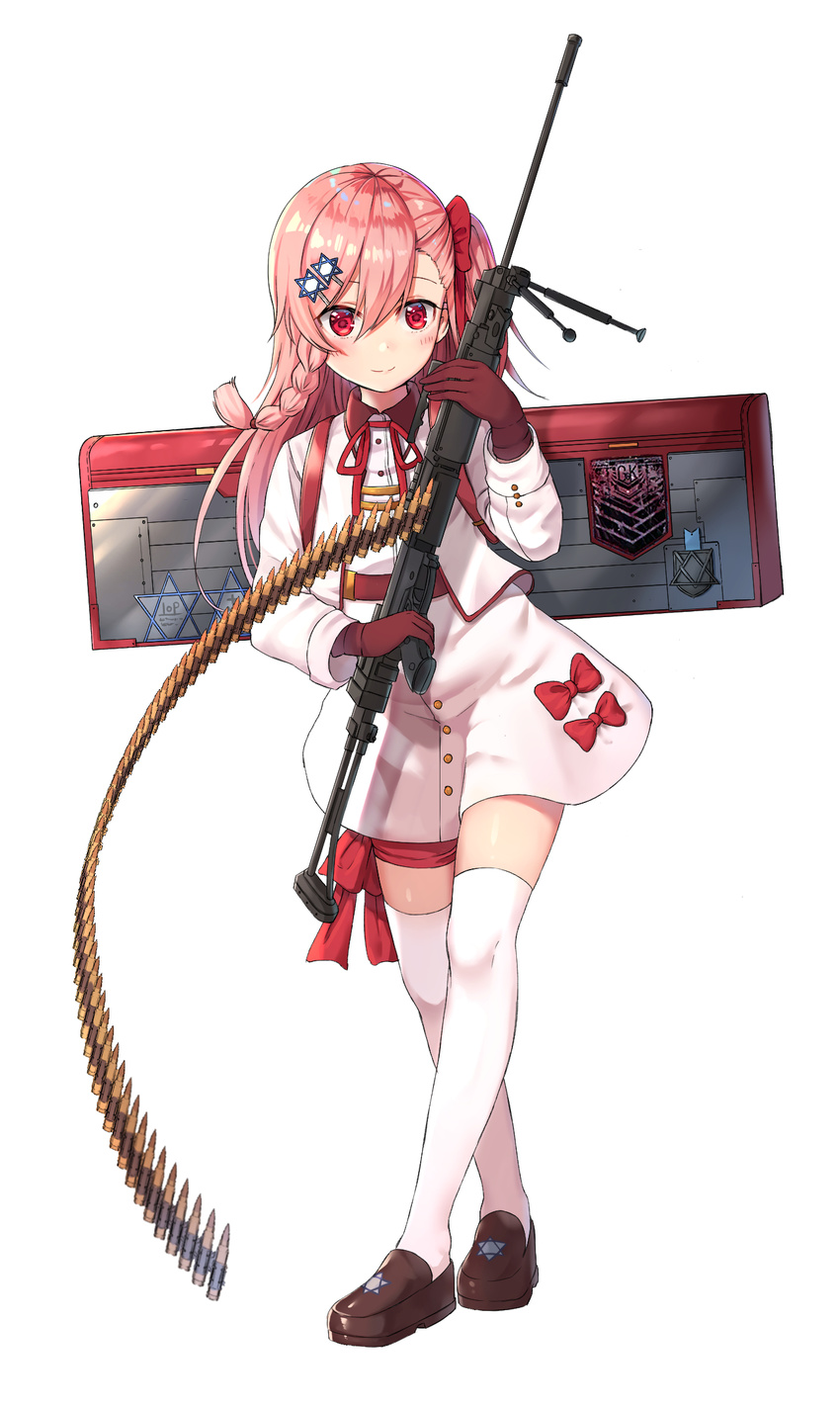 ammunition_belt asymmetrical_bangs bangs bipod blush bow braid brown_footwear brown_gloves closed_mouth commentary cropped_jacket dress emblem eyebrows_visible_through_hair full_body girls_frontline gloves gun hair_between_eyes hair_ornament hair_ribbon hairclip hexagram highres imi_negev loafers long_hair looking_at_viewer machine_gun negev_(girls_frontline) one_side_up rangen red_bow red_ribbon ribbon shoes short_dress side_braid simple_background single_braid smile solo standing star_of_david thigh_ribbon thighhighs tsurime weapon white_background white_dress white_legwear younger zettai_ryouiki