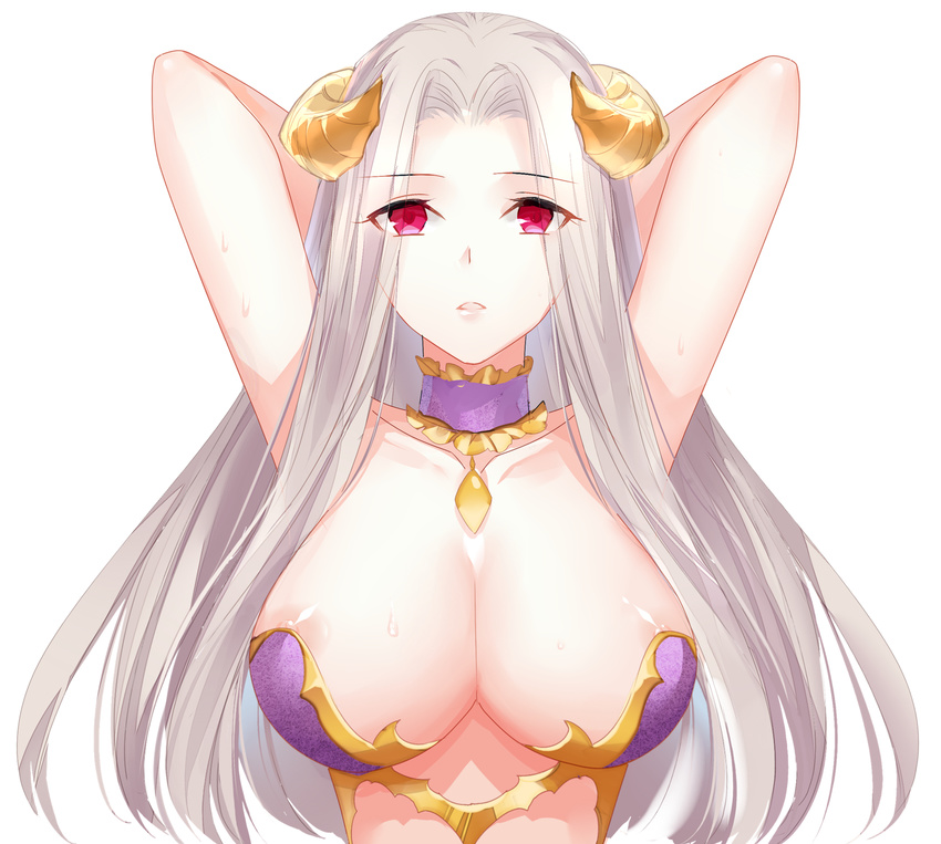 arms_behind_head arms_up breasts chain choker collarbone commentary_request demon_horns fate/grand_order fate_(series) frilled_choker frills gekka_nanako halloween_princess_(fate/grand_order) highres horns irisviel_von_einzbern large_breasts long_hair looking_at_viewer nipple_slip nipples parted_lips red_eyes simple_background solo upper_body white_background white_hair