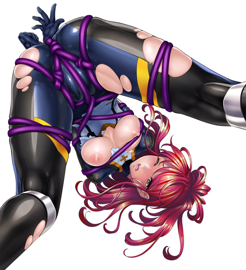 1girl ass bodysuit bondage breasts forced large_breasts long_hair looking_at_viewer nipples no_bra partially_visible_vulva ponytail rope sano_toshihide selen_platinum shiny_skin spread_legs taimanin_(series) taimanin_asagi taimanin_asagi_battle_arena