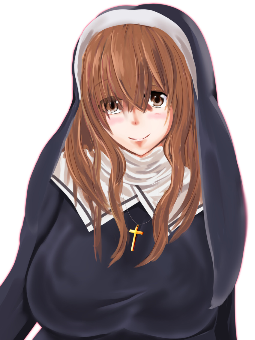 1girl :) artist_request blush breasts brown_eyes brown_hair cross dress highres large_breasts long_hair looking_at_viewer necklace nun smile veil white_background