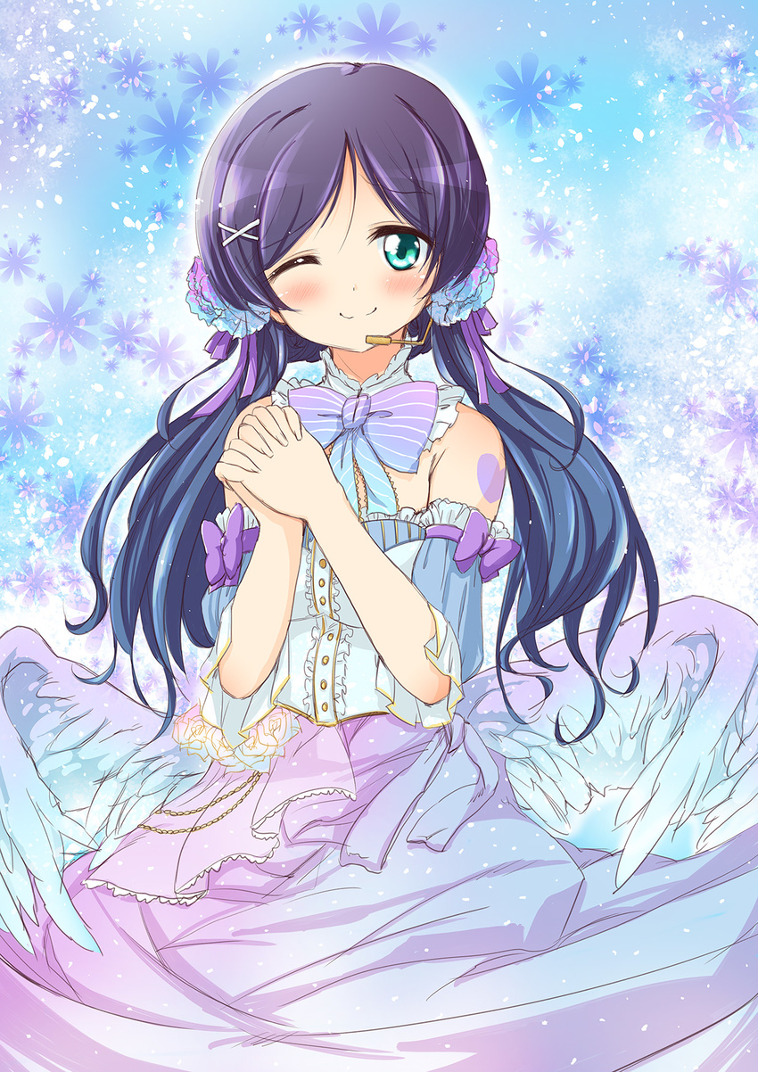 bare_shoulders blush dress futaru_usagi hair_ornament hairclip highres long_skirt looking_at_viewer love_live! love_live!_school_idol_festival love_live!_school_idol_project one_eye_closed purple_hair scrunchie skirt solo toujou_nozomi