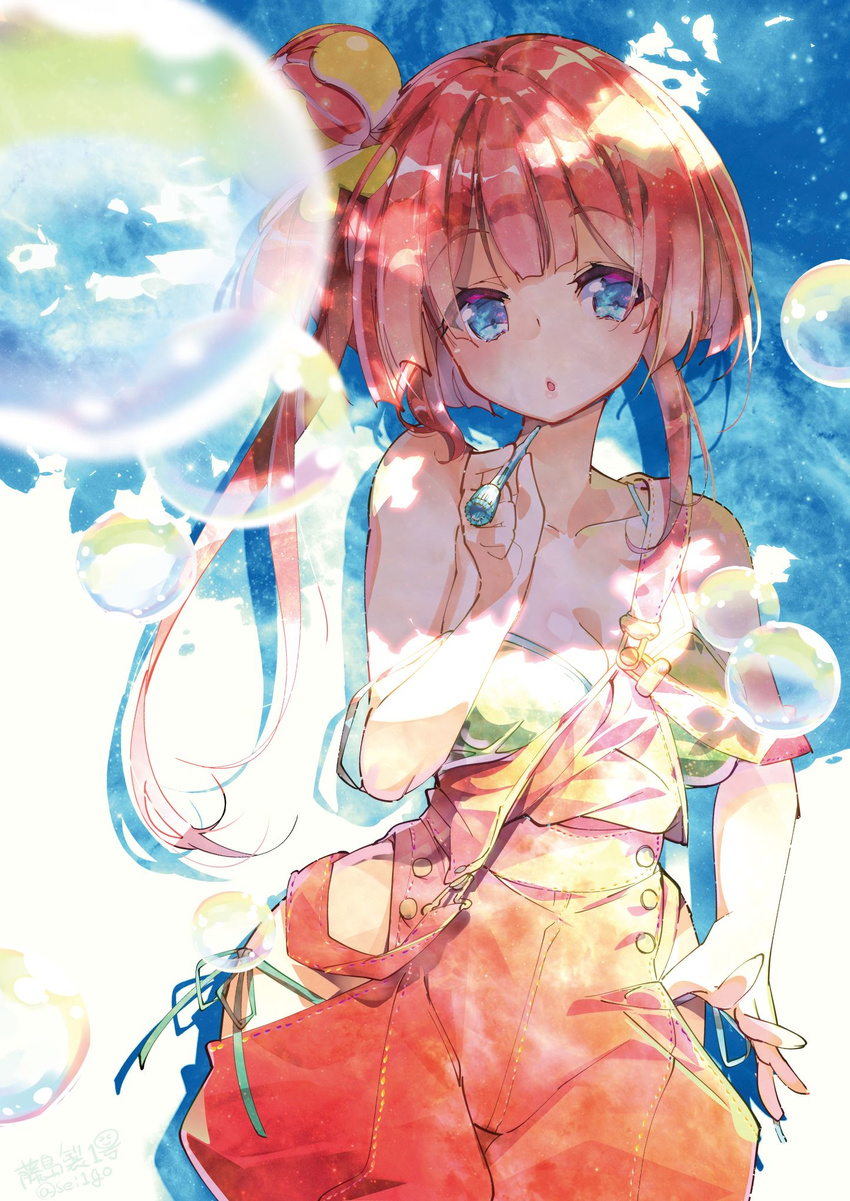 akabana_suiren_(flower_knight_girl) bare_arms bare_shoulders bikini bikini_under_clothes blue_eyes blue_sky breasts bubble bubble_blowing bubble_pipe cleavage collarbone day flower_knight_girl fujishima-sei_ichi-gou green_bikini hair_bun hair_ornament hand_up head_tilt highres holding long_hair looking_at_viewer medium_breasts outdoors overalls parted_lips red_hair side-tie_bikini side_bun side_ponytail sky solo strap_slip swimsuit very_long_hair