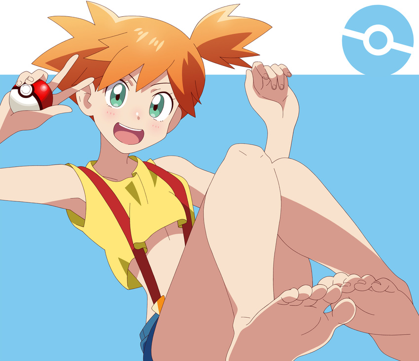 aqua_background aqua_eyes barefoot blush crop_top denim denim_shorts feet highres holding holding_poke_ball kasumi_(pokemon) kuroi_ohagi looking_at_viewer md5_mismatch open_mouth orange_hair overalls poke_ball poke_ball_(generic) poke_ball_print pokemon pokemon_(anime) pokemon_(classic_anime) shiny shiny_hair short_hair shorts side_ponytail sitting smile soles solo tank_top two-tone_background v w white_background