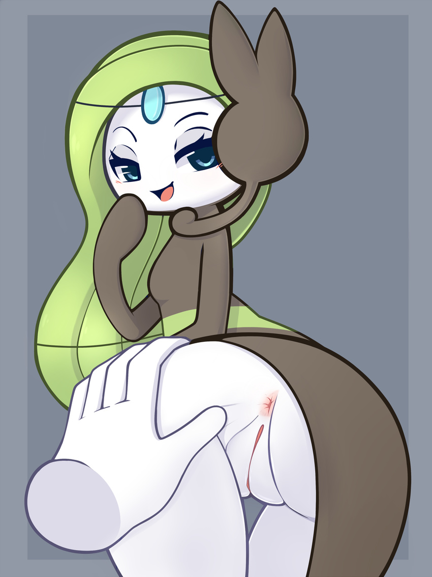 1girl anus ass ass_grab blue_background blue_border blue_eyes blush border breasts disembodied_hands disembodied_limb from_behind green_hair half-closed_eyes hand_to_own_mouth hand_up highres leaning_forward long_hair looking_at_viewer looking_back looking_to_the_side meloetta no_humans open_eyes pinkcappachino pokemon pokemon_(creature) pokemon_bw presenting pussy simple_background small_breasts smile solo standing uncensored