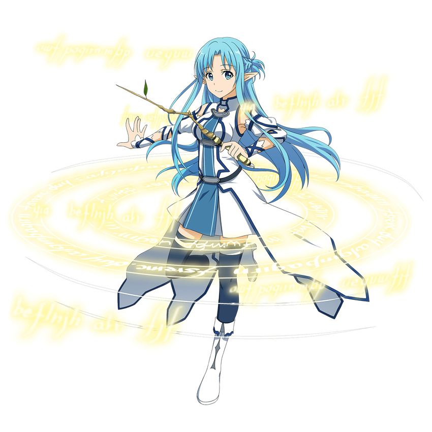 asuna_(sao) asuna_(sao-alo) blue_eyes blue_hair boots detached_sleeves full_body highres long_hair looking_at_viewer magic_circle official_art pointy_ears smile standing standing_on_one_leg sword_art_online sword_art_online:_memory_defrag thighhighs transparent_background wand white_footwear zettai_ryouiki