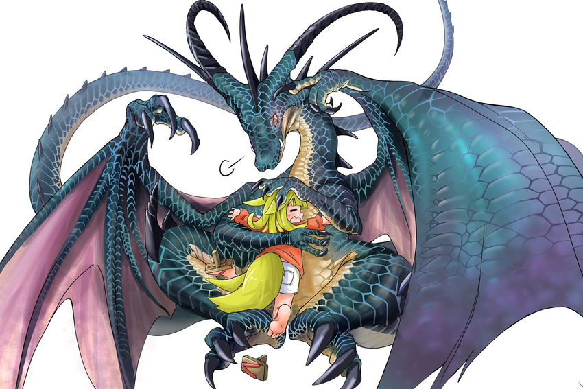 =_= animal_ears barefoot blonde_hair child closed_eyes commentary_request crying doitsuken dragon fang fangs feet_up fox_child_(doitsuken) fox_ears fox_tail geta highres horns hug long_hair long_sleeves multiple_tails open_mouth orange_shirt original sandals_removed shirt shorts simple_background sitting tail two_tails white_background white_shorts wings