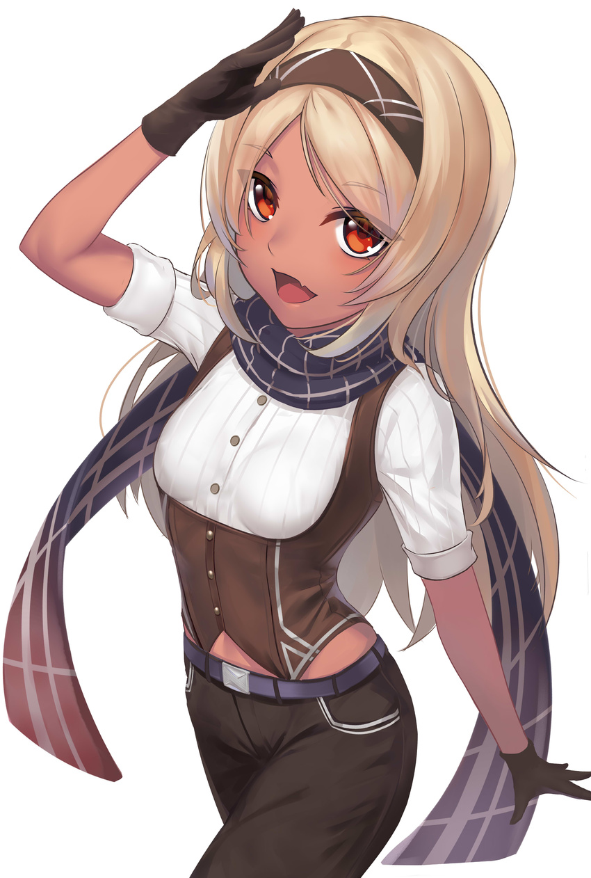 absurdres arm_up bad_id bad_pixiv_id bangs belt black_gloves black_hairband black_pants black_scarf blonde_hair blush breasts brown_vest commentary_request copyright_request cowboy_shot dark_skin eyebrows_visible_through_hair fang gloves hairband highres iandrea long_hair looking_at_viewer pants red_eyes salute scarf shirt short_sleeves simple_background small_breasts solo swept_bangs very_long_hair vest white_background white_shirt