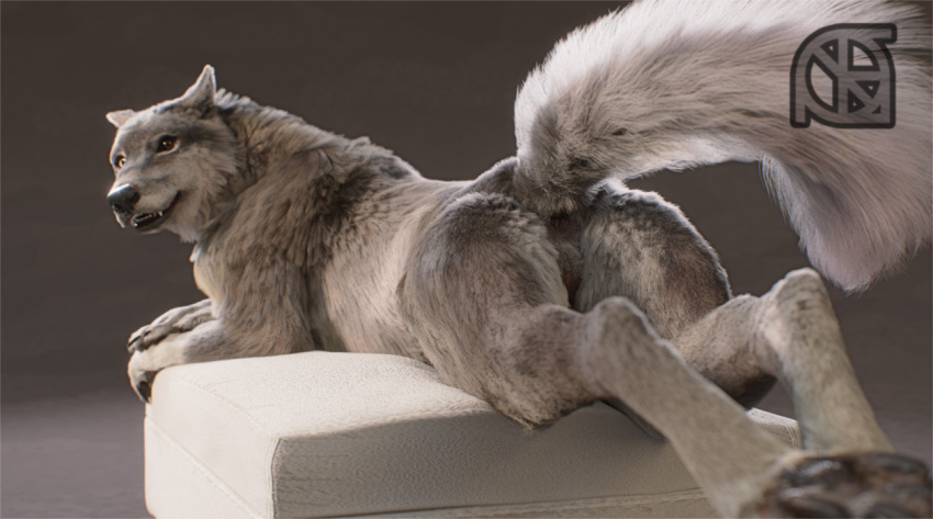 3d_(artwork) animal_genitalia animal_pussy anthro anus black_nose butt canine canine_pussy cosmiclife digital_media_(artwork) feet female feral fur grey_fur helga looking_at_viewer lying mammal on_front ottoman pawpads paws pinup pose presenting presenting_anus presenting_hindquarters presenting_pussy pussy raised_tail realistic semi-anthro smile solo teeth wolf
