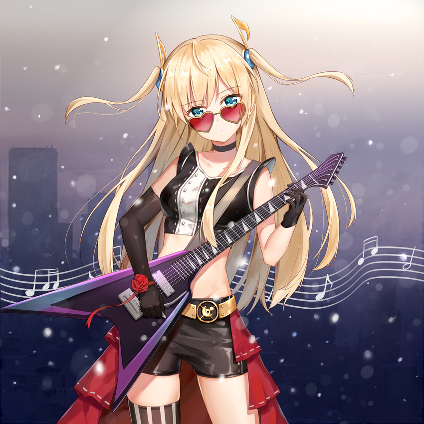 absurdres belt black_gloves blonde_hair breasts choker elbow_gloves electric_guitar esp_guitars flying_v gloves guitar heart heart-shaped_eyewear highres instrument long_hair looking_at_viewer medium_breasts midriff original shorts single_thighhigh sleeveless solo striped striped_legwear sunglasses thighhighs two_side_up yuhuan