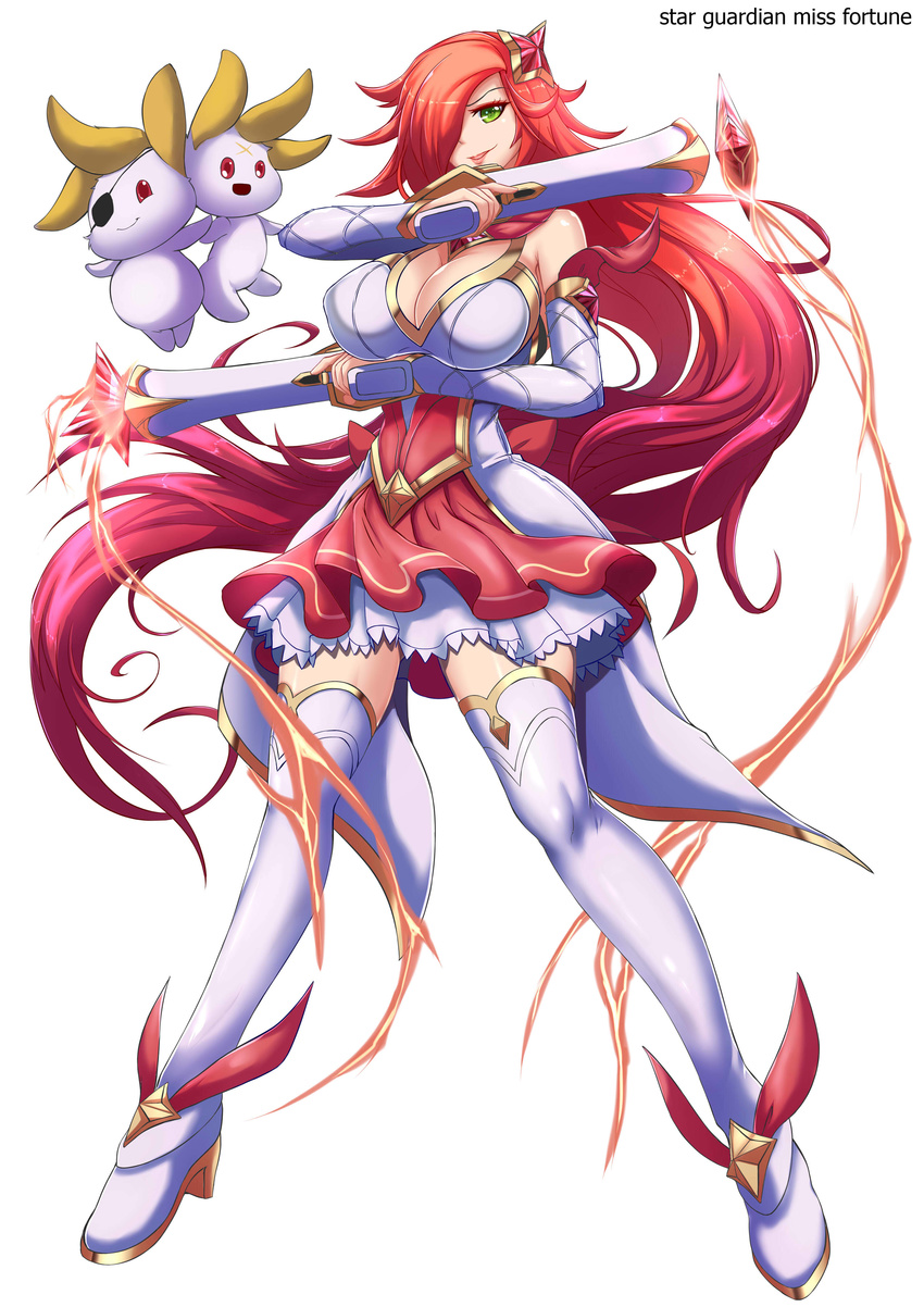 absurdres bare_shoulders barefoot breasts cleavage closed_eyes detached_sleeves dual_wielding eyepatch familiar full_body green_eyes gun hair_ornament hair_over_one_eye handgun highres holding holding_gun holding_weapon huge_breasts league_of_legends legs_apart lips long_hair long_sleeves looking_at_viewer magical_girl one_eye_covered parted_lips pistol red_eyes red_hair sarah_fortune simple_background smile standing star_guardian_miss_fortune thighhighs torahime_(roland00) trigger_discipline tsurime very_long_hair weapon white_background white_legwear zettai_ryouiki