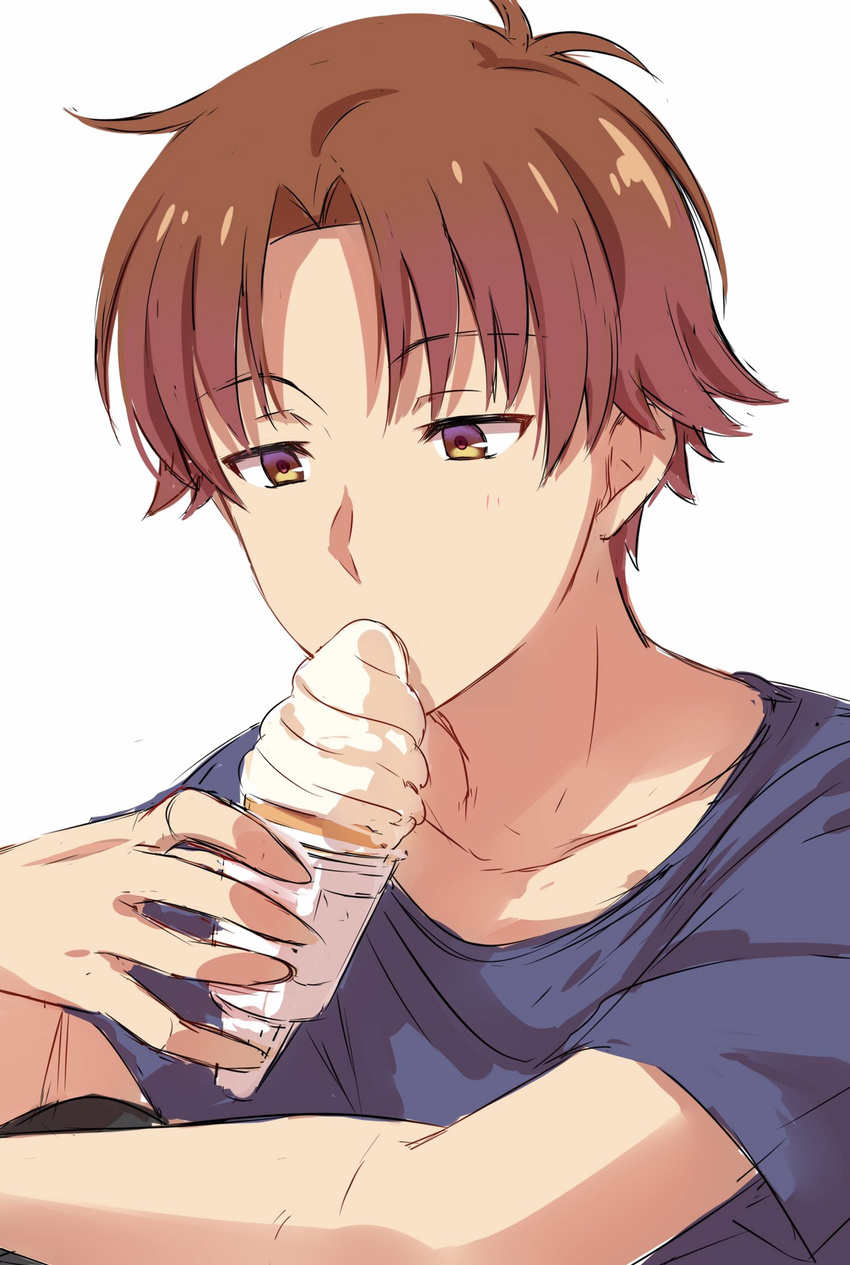 ayanokouji_kiyotaka bangs black_pants blue_shirt brown_eyes brown_hair commentary_request eating eyebrows_visible_through_hair food highres holding holding_food ice_cream male_focus multicolored multicolored_eyes pants purple_eyes sekina shirt short_sleeves simple_background sitting sketch solo tareme white_background youkoso_jitsuryoku_shijou_shugi_no_kyoushitsu_e