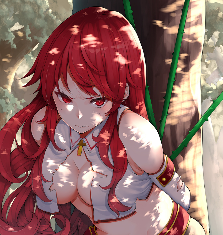 arms_behind_back bangs bdsm bondage bound bound_arms breasts cleavage commentary_request cropped_vest dappled_sunlight detached_sleeves eyebrows_visible_through_hair highres leaning_forward lionel_(moeru!_jiten) long_hair looking_at_viewer medium_breasts mikan_(chipstar182) moeru!_arthur-ou_to_entaku_no_kishi_jiten moeru!_jiten official_art outdoors red_eyes red_hair shadow solo sunlight torn_vest tree tree_shade upper_body vest wavy_mouth white_sleeves white_vest
