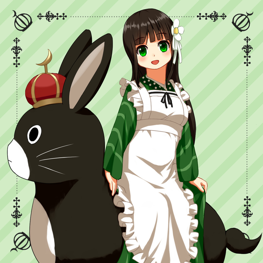 :d ama_usa_an_uniform animal anko_(gochiusa) ankoku_no_shicchiou apron bangs blunt_bangs blush breasts brown_hair bunny commentary_request cowboy_shot crescent crown diagonal-striped_background diagonal_stripes eyebrows_visible_through_hair flower frilled_apron frills gochuumon_wa_usagi_desu_ka? green_background green_eyes green_kimono hair_flower hair_ornament highres japanese_clothes kimono long_hair long_sleeves looking_at_viewer maid_apron open_mouth polka_dot_trim ribbon sidesaddle sitting small_breasts smile striped striped_background striped_kimono ujimatsu_chiya white_apron white_flower white_ribbon wide_sleeves