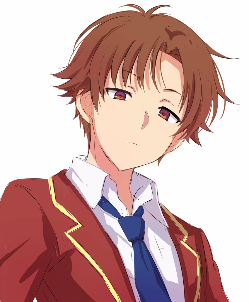 ayanokouji_kiyotaka bangs blue_neckwear brown_eyes brown_hair closed_mouth commentary_request expressionless eyebrows_visible_through_hair highres jacket long_sleeves looking_at_viewer looking_down male_focus multicolored multicolored_eyes necktie purple_eyes red_jacket sekina shirt simple_background solo white_background white_shirt youkoso_jitsuryoku_shijou_shugi_no_kyoushitsu_e