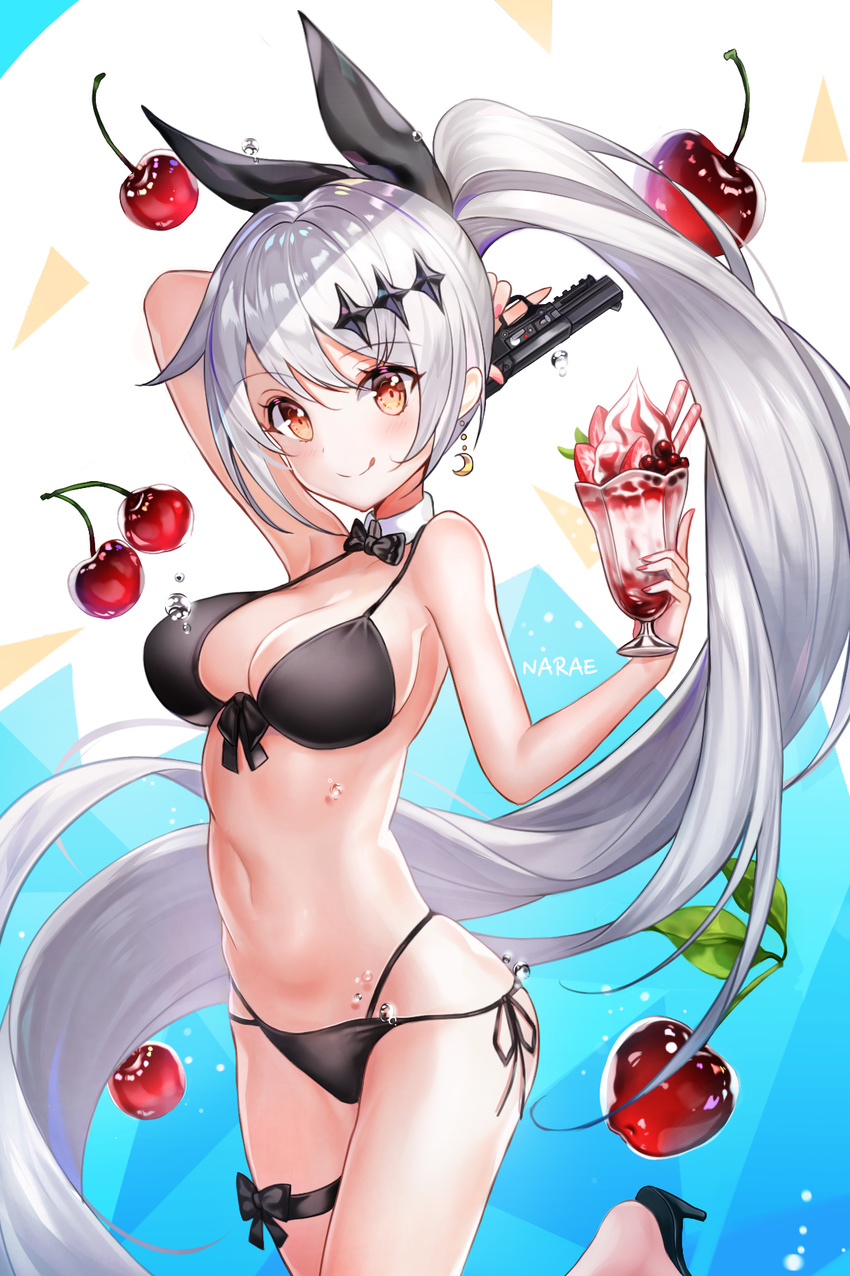 :q artist_name bangs bikini black_bikini black_ribbon blush bow breasts brown_eyes cherry closed_mouth commentary_request cowboy_shot cup earrings eyebrows_visible_through_hair five-seven_(girls_frontline) five-seven_(gun) food fruit garters girls_frontline gun hair_bow hair_ornament handgun high_heels highres holding holding_cup holding_gun holding_weapon jewelry large_breasts long_hair looking_at_viewer narae navel orange_eyes parfait pistol ponytail revision ribbon side-tie_bikini sidelocks signature silver_hair smile solo swimsuit thigh_ribbon tongue tongue_out trigger_discipline very_long_hair water_drop weapon