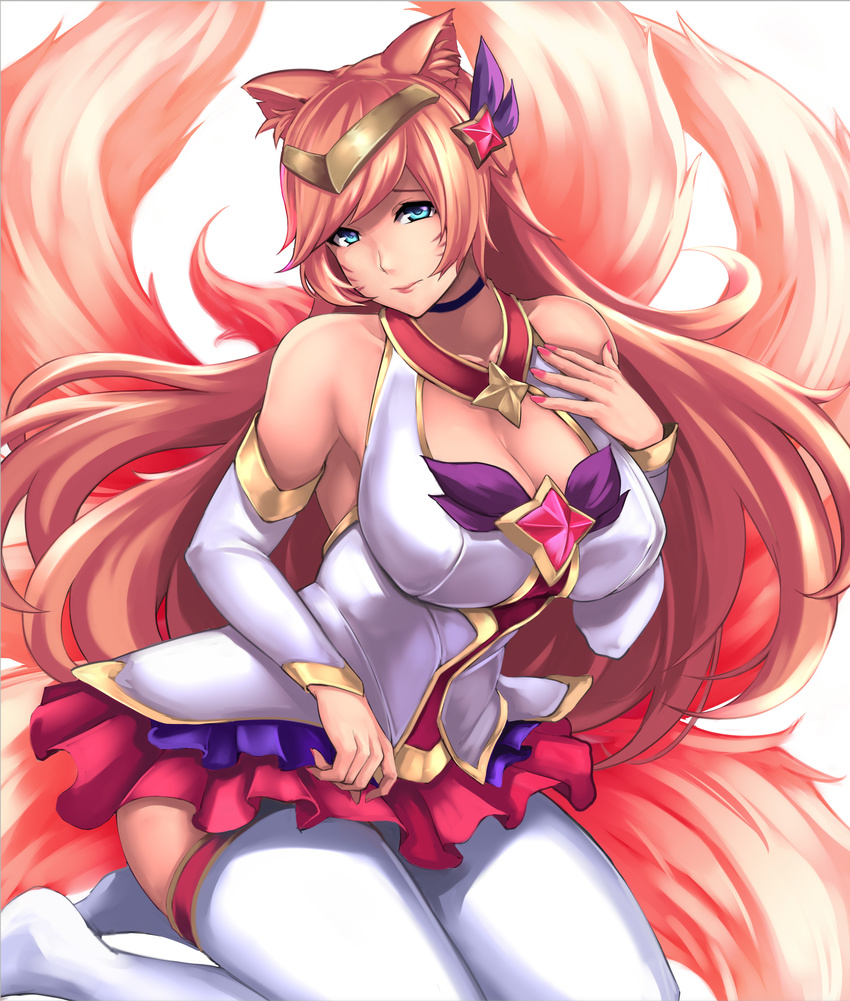 absurdres ahri animal_ears armpits bare_shoulders blue_eyes blush breasts choker cleavage closed_mouth commentary_request detached_sleeves fox_ears fox_tail hair_ornament headpiece highres huge_breasts league_of_legends long_hair multiple_tails red_hair solo star_guardian_ahri tail thighhighs very_long_hair white_legwear yashichii