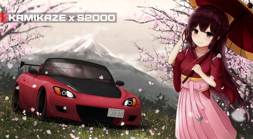 anchor car character_name cherry_blossoms cloud cloudy_sky commentary_request day driftkingtw ground_vehicle hair_ribbon hakama highres holding holding_umbrella honda honda_s2000 japanese_clothes kamikaze_(kantai_collection) kantai_collection kimono long_hair meiji_schoolgirl_uniform motor_vehicle mountain oriental_umbrella outdoors purple_eyes purple_hair ribbon sky solo tree tree_branch umbrella yellow_ribbon