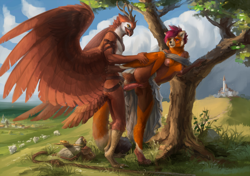 2019 5_fingers ailurid akineza anthro avian breasts day detailed_background digital_media_(artwork) duo feathered_wings feathers female grass gryphon horn male male/female mammal outside red_eyes red_panda sky tree wings